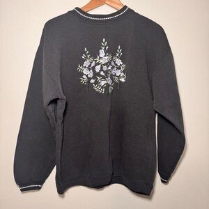 Vintage Antero Floral Embroidered Sweatshirt Charcoal Cottagecore L